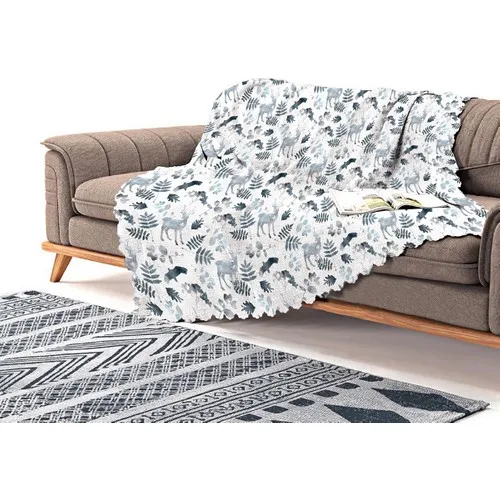 Realhomes White Zeminli Deer and Leaf Motifs Digital Printed Chenille Sofa Throw