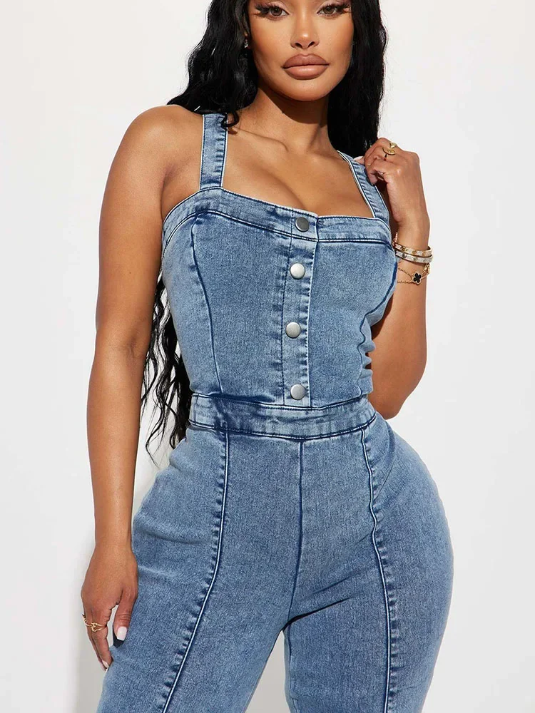 Streetwear Vintage Denim Jumpsuit Women Flare Pants High Waist Spaghetti Strap Sleeveless Jeans Casual Rompers Monos Para Mujer