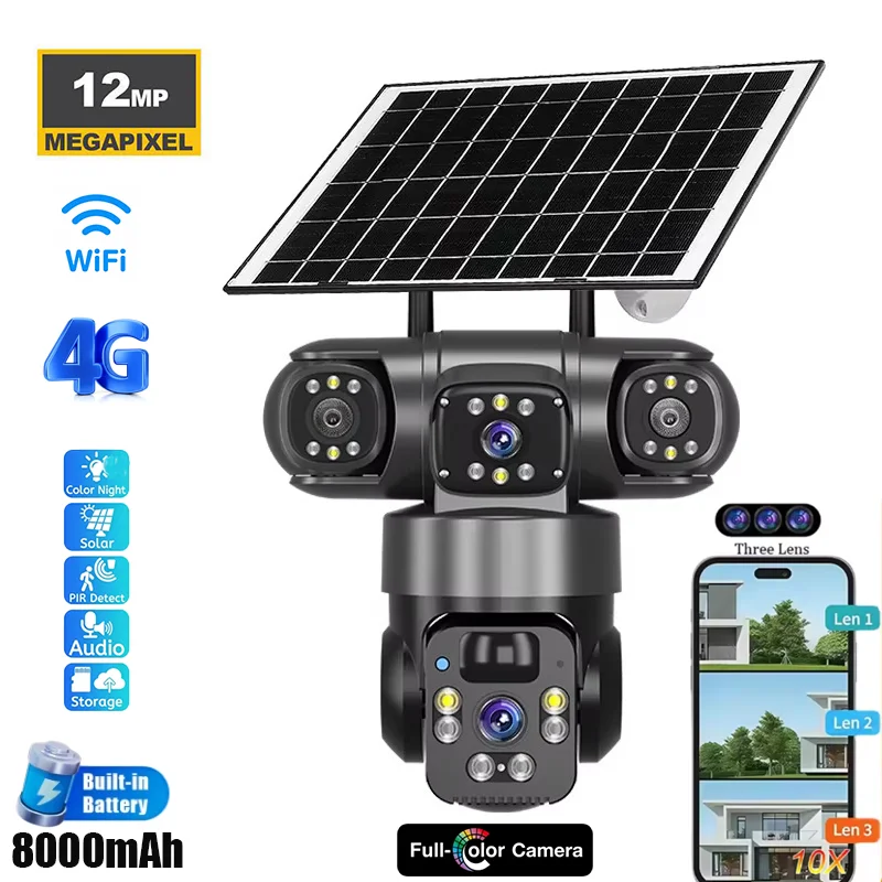

12MP 4k Solar 4G WiFi Secruity Camera 10x Zoom True Triple Lens Triple View PTZ Full Color Outdoor PIR Human Detection IP Camera