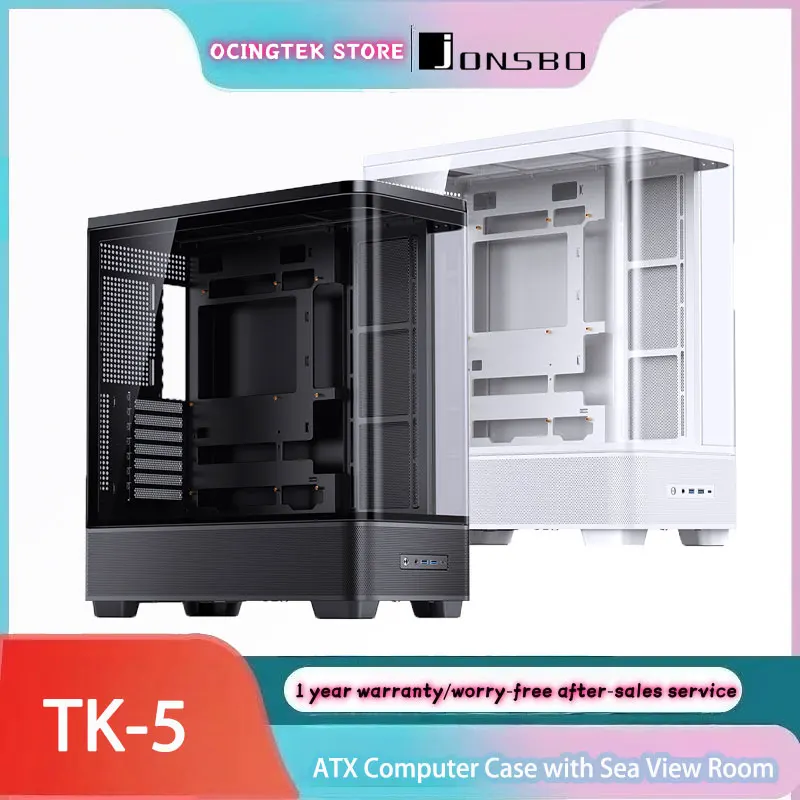 

Корпус для ПК JONSBO TK-5 Sea View Room, без колонн, с гиперболоидным стеклянным боковым окном, прозрачный, для 360-мм СВО, Type-C, игровой, ATX, белый