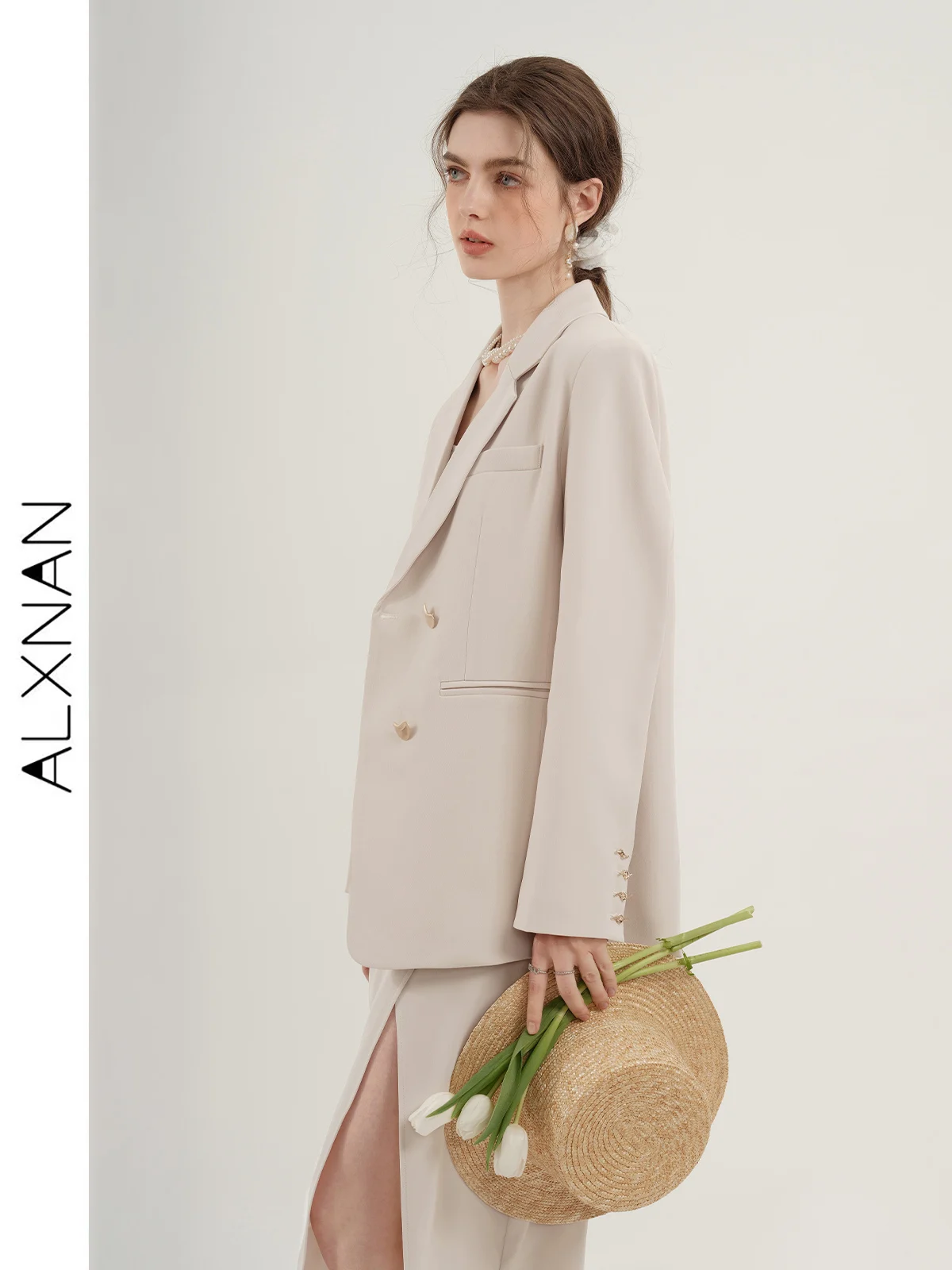 ALXNAN Vrouwen Blazers 2024 Lente Nieuwe Elegante Leisure Solid Lange Mouwen Mode Luxe Loose Fit Jas Dameskleding LXN 287105