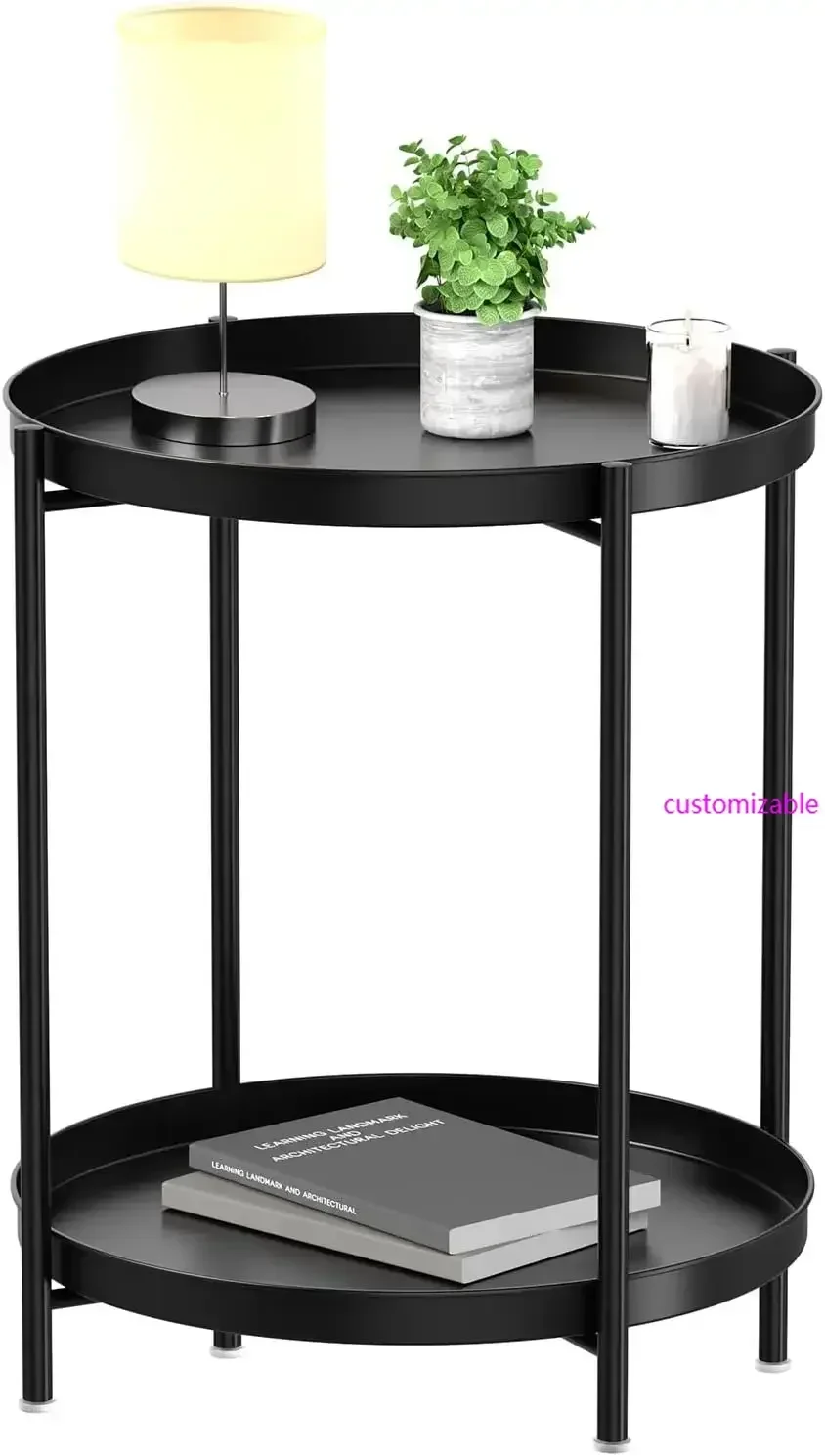 

2 Tier End Table - Metal Side Table Waterproof Small Sofa Coffee Side Tables Bedroom Indoor Outdoor with Removable Tray