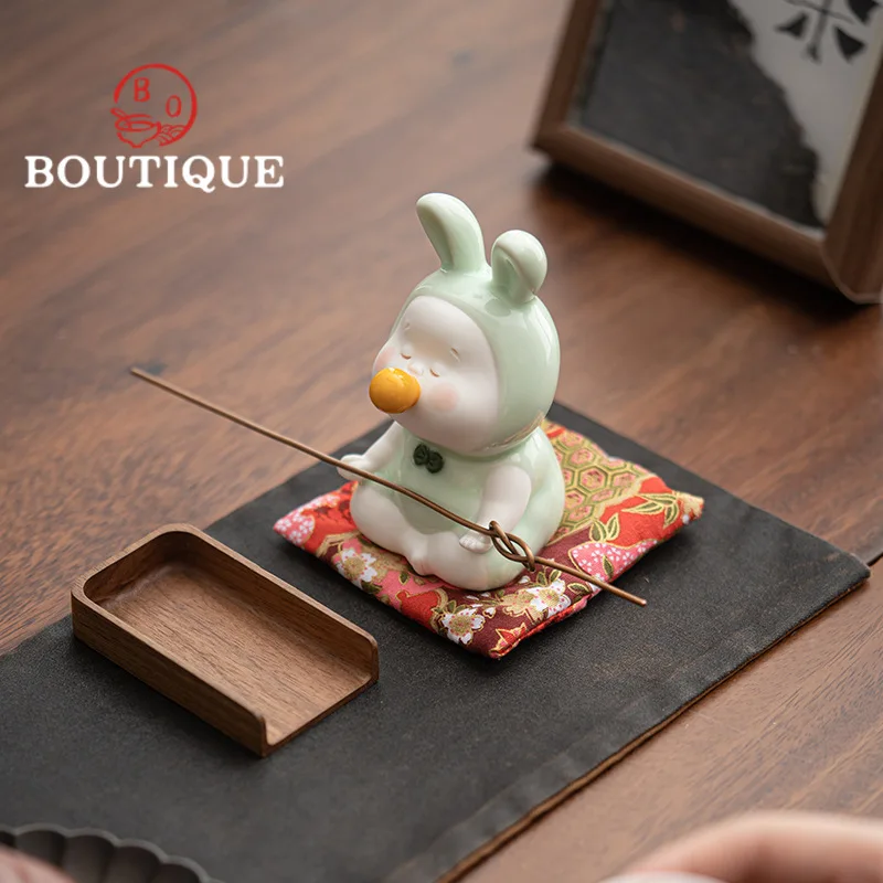 Creative Meditation Rabbit Jade Porcelain Tea Pet Boutique Tea Play Sculpture Figurine Tea Ceremony Statue  Accessories Ornament