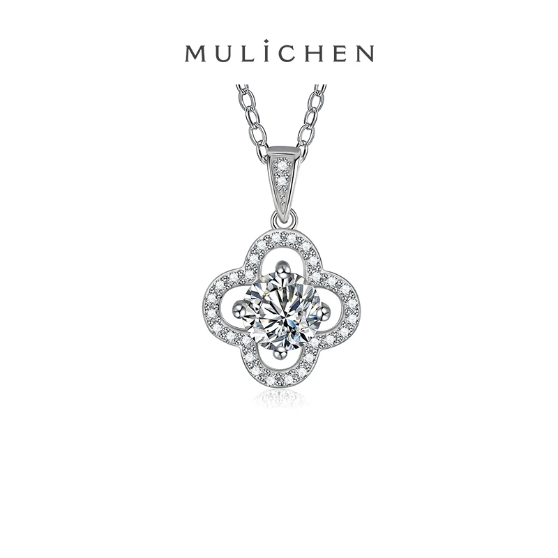 

MULICHEN Real Silver Chain 925 For Women D Colour Moissanite Necklace Four Leaf Grass Pendant Fine Jewelry Free Shipping