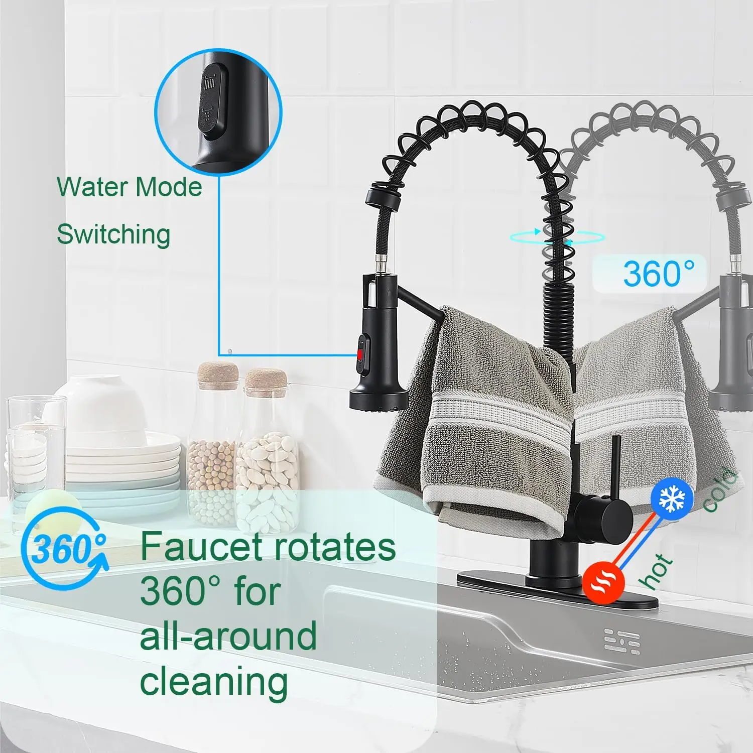 マットブラック シングルハンドル キッチン蛇口 プルダウンスプレーヤー＆モーションセンサー付き