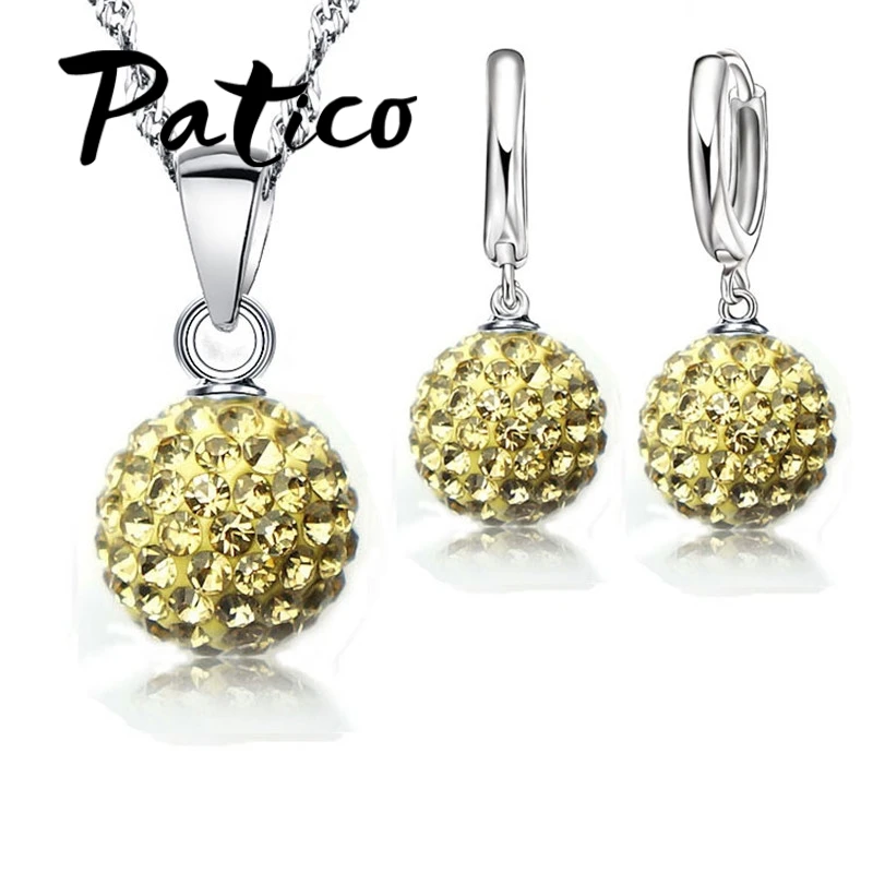 Hot New Jewelry Sets 925 Sterling Silver Austrian Crystal Pave Disco Ball Lever Back Earring Pendant Necklace Woman
