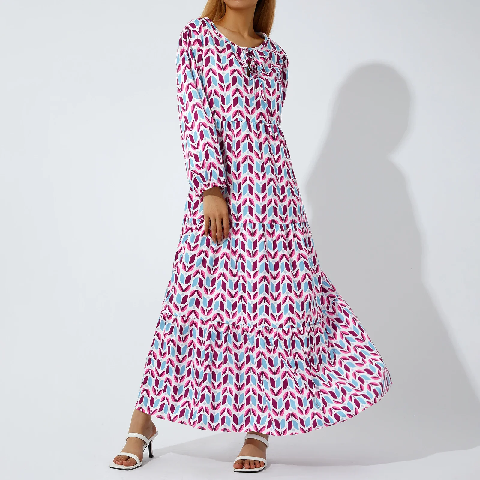 Women Geometric Print Long Dress, V-neck Puff Long Sleeve Loose Fashion Dress for Spring, Summer