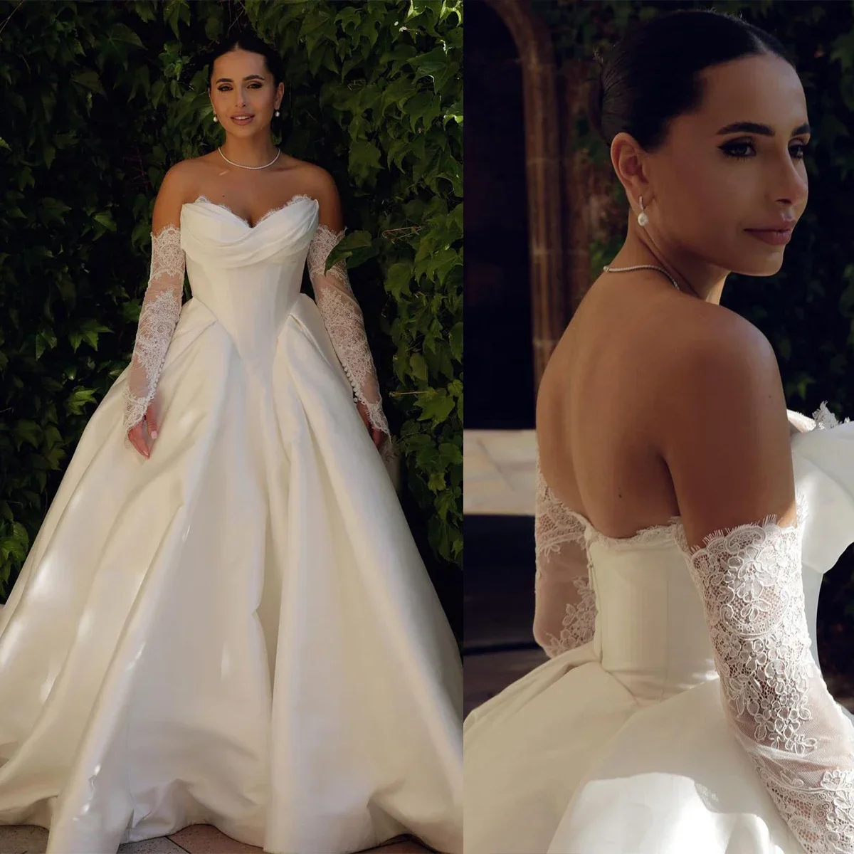 Elegant Shine Satin A-Line Wedding Dresses Sexy V-Neck Pleated Long Detachable Sleeves Lace Train Bridal Gowns Dress Vestidos