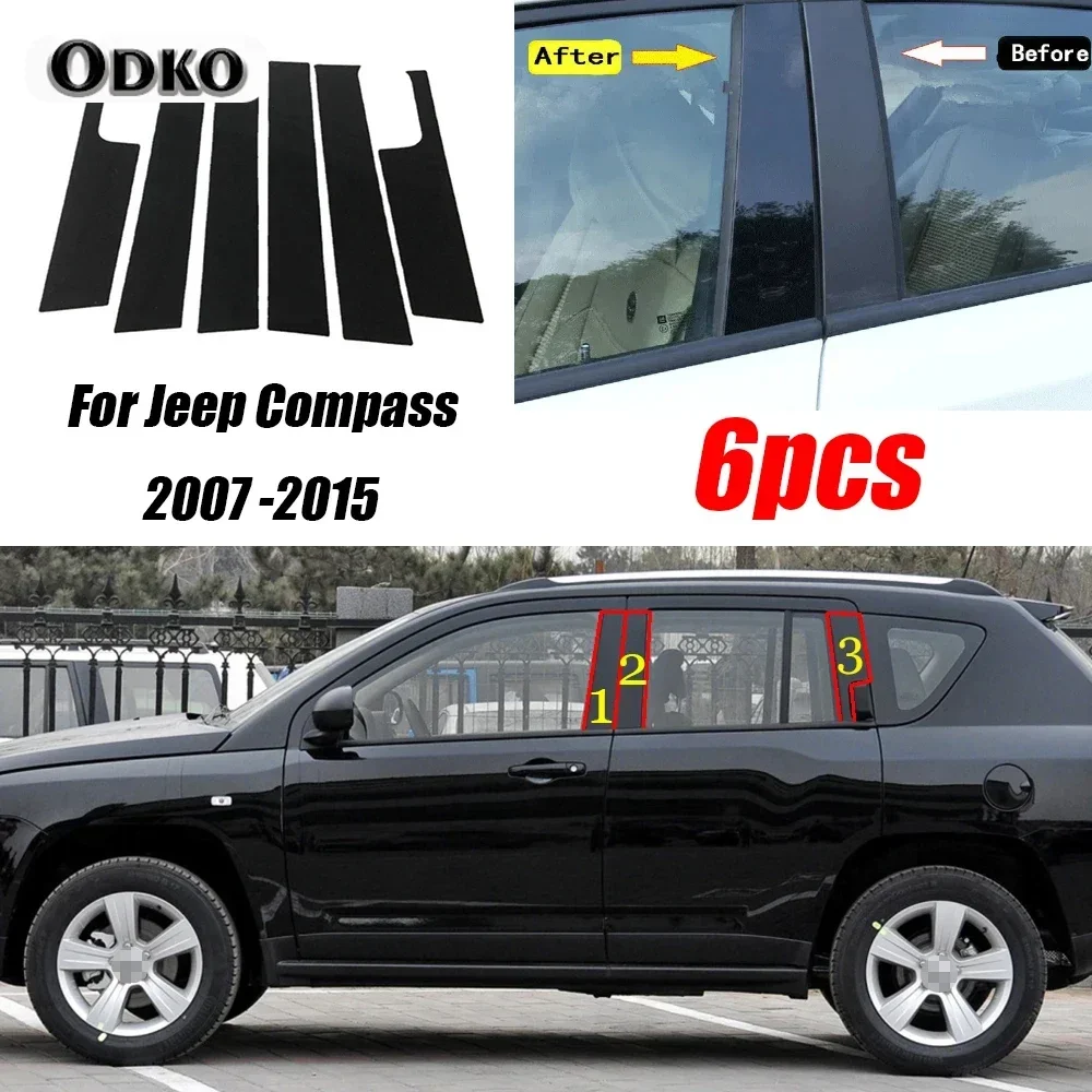 6PCS Black Car Door Window Column BC Pillar Post Cover Trim PC Material Sticker Fit For Jeep Compass 2007 - 2015