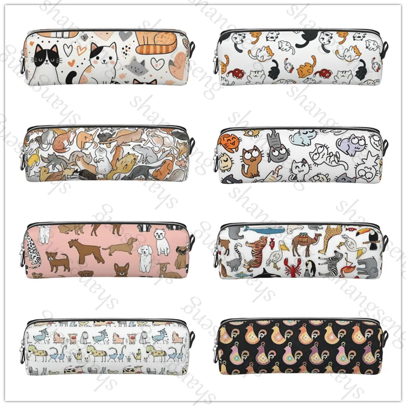 

Cute Dog Cat Print Leather Zipper Pencil Box Multifunctional Stationery Storage Bag Student Study Supplies Gift