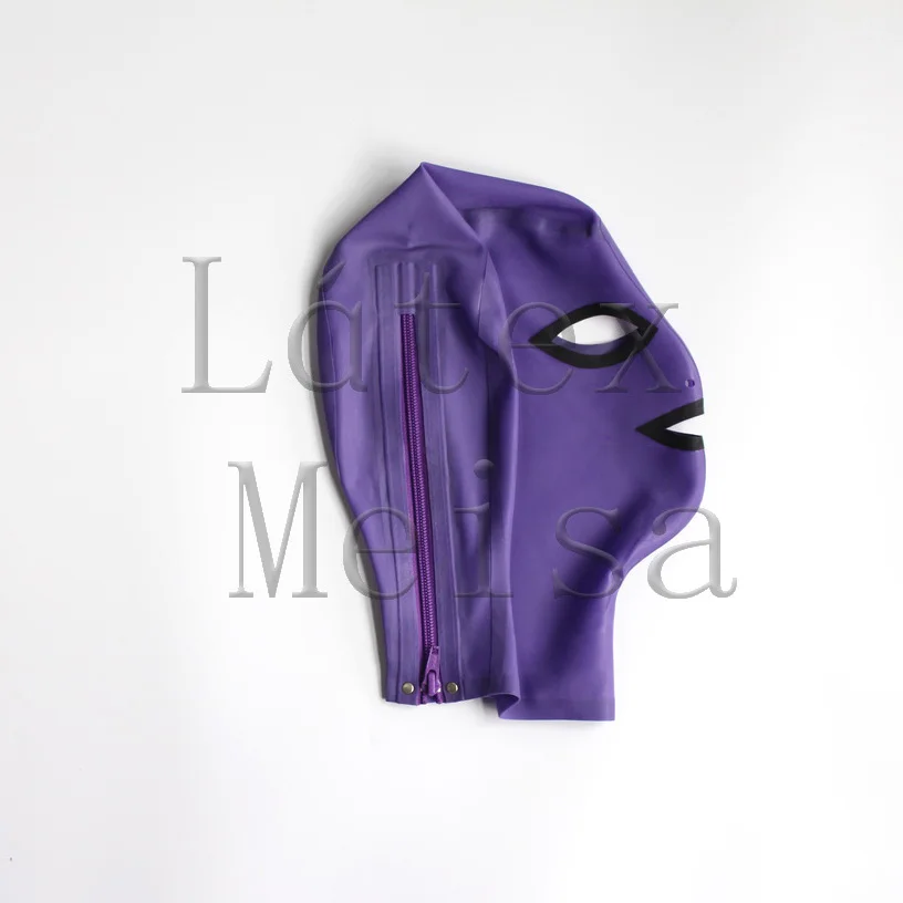 Cagoule Zentai en latex, yeux ouverts, narines et bouche de couleur violette avec fermeture éclair au dos pour adultes