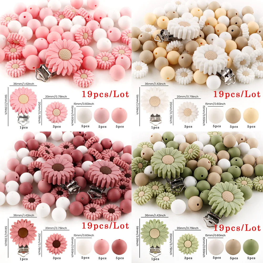 19 Stück/Set Gänseblümchen-Fokalperlen/Clip-Silikon-Rundperlen-Set für Schmuckherstellung, DIY-Halsketten, Armbänder usw., personalisierte Accessoires