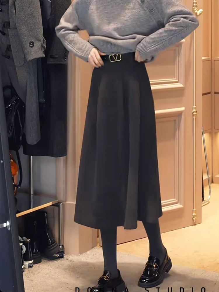 

Donna Women's Princ Skirt High Waist Woolen Midi Skirt Autumn Winter Ele A-Line Skirt Korean Sle Commute Pure Color