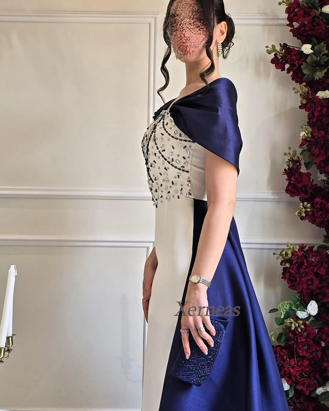 Customized Beaded Crystal Evening Dresses Women Luxury Party Dress Sheath Elegant Long Cocktail Gowns Navy Blue