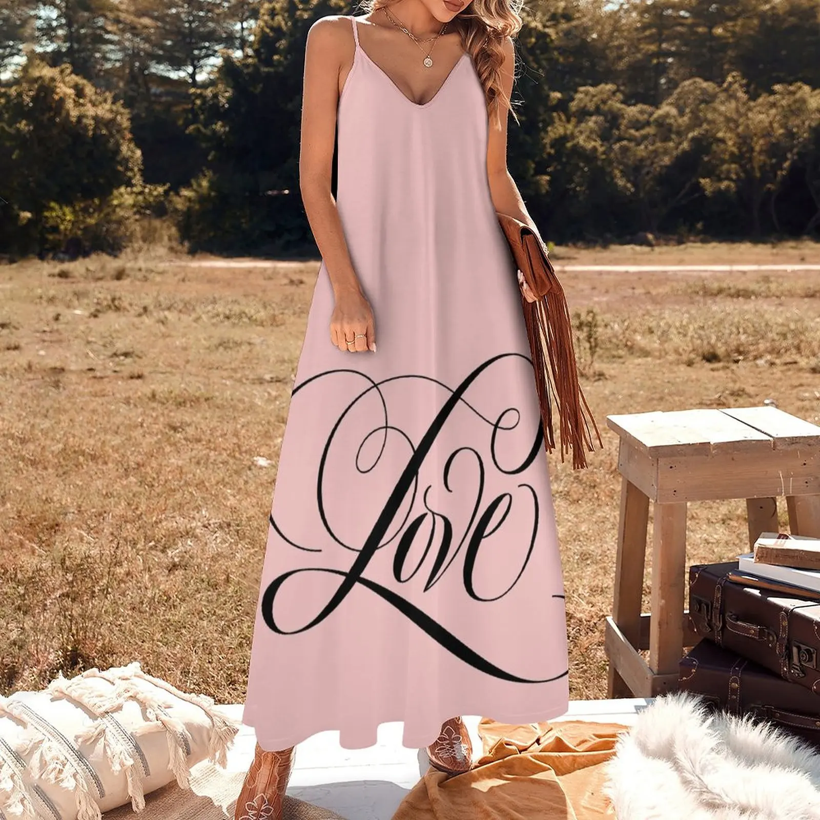 Romantic Black LOVE Calligraphy Script Lettering Blush Pastel Pink Sleeveless Dress cute dress