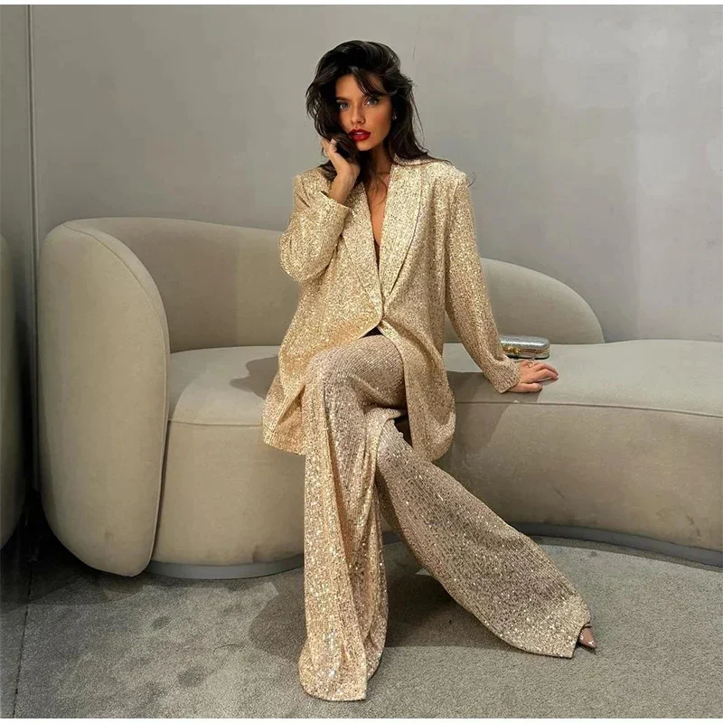 Fashion Sequines Jacket Pants Suits Women One Button Lapel Long Sleeve Coat Wide Leg Pant Suit 2024 Autumn Commuting Loose Set