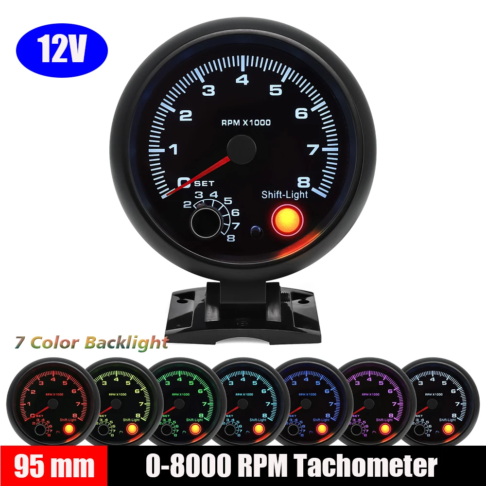 0-8000 RPM Tachometer 3.75'' Gasoline Engines Car Black Tachometer Gauge Yellow Inter Shift Light  Fit 4 6 8 Cylinder 12V