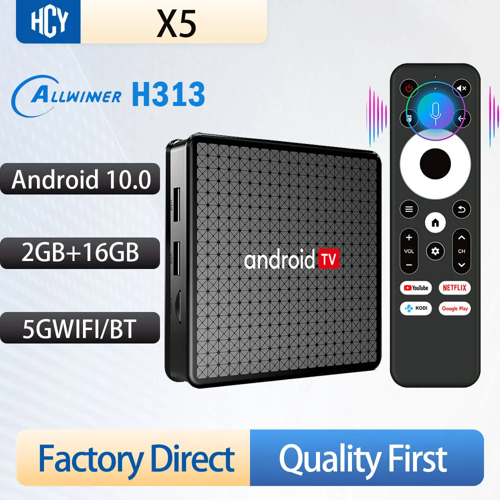 

ТВ-приставка X5 AndroidTV BOX H313 на Android 10, Wi-Fi 6 (2.4G/5G), Bluetooth 5.0, 2 ГБ ОЗУ, 16 ГБ ПЗУ, НОВИНКА, с голосовым пультом ДУ