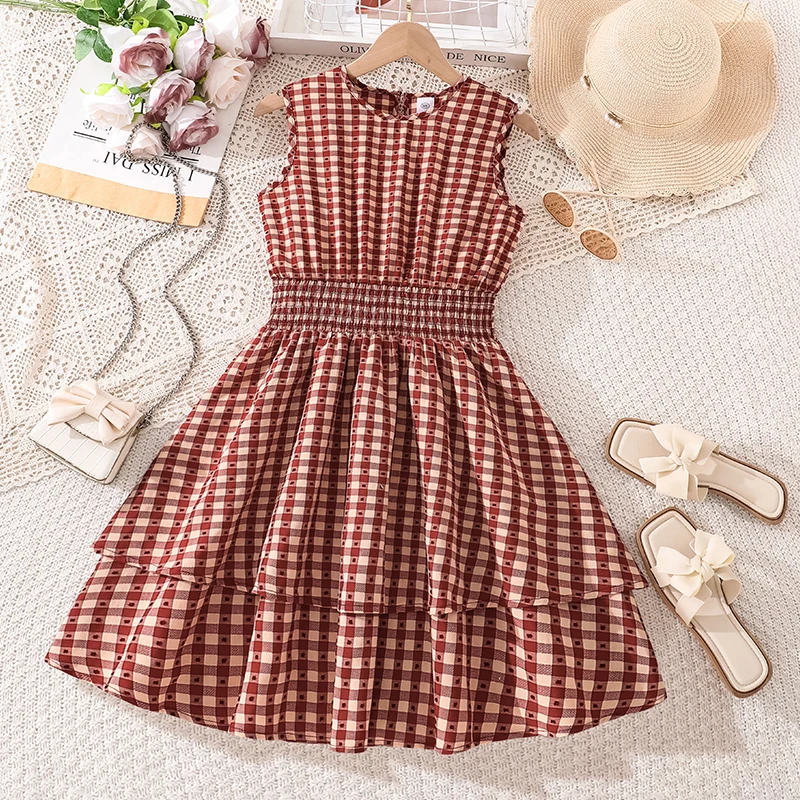 

Платье для девочек 8-12 лет, красно-коричневое в клетку, без рукавов, с присборенной талией и многоярусной юбкой, вырез на спине, повседневное детское платье