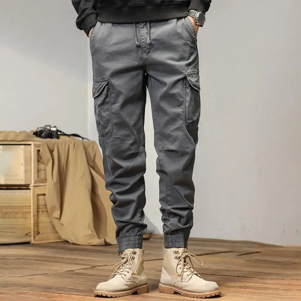 Multi-pocket Design Trousers Men's Cargo Pants with Drawstring Elastic Waist Multiple Pockets Ankle-banded Design for Streetwear