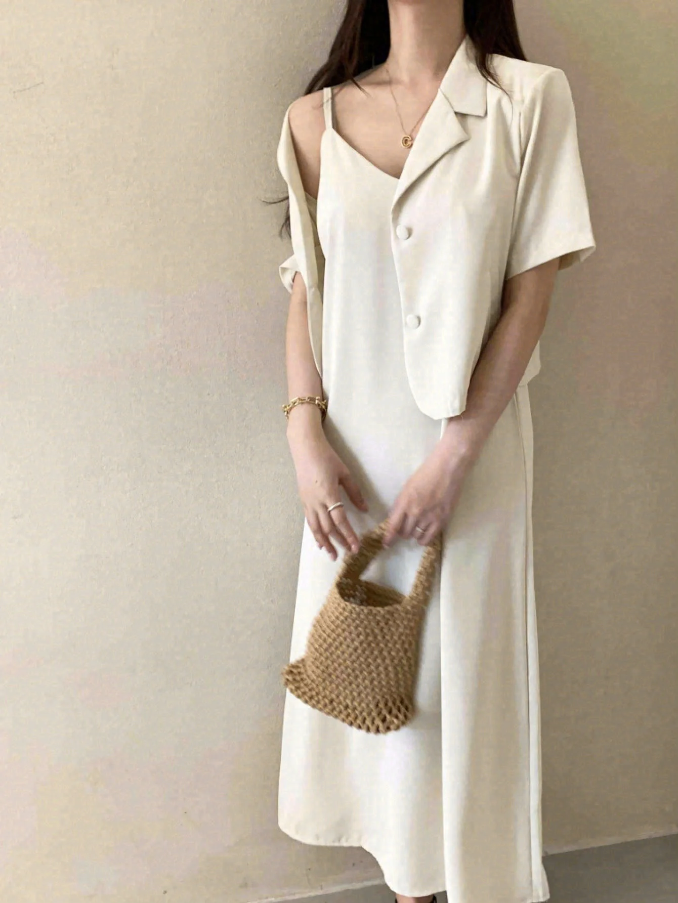 Spring, Summer, Autumn New Simple Short-Sleeved Suit Jacket + Suspender Dress Long Skirt