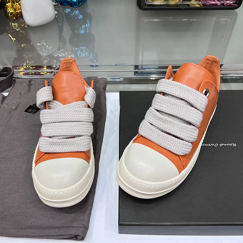 Men Casual Shoes Jumbo Lace Up Low Top Genuine Leather Thick Soles Ro Orange Women Luxury Designer Sneakers Big Plus Size