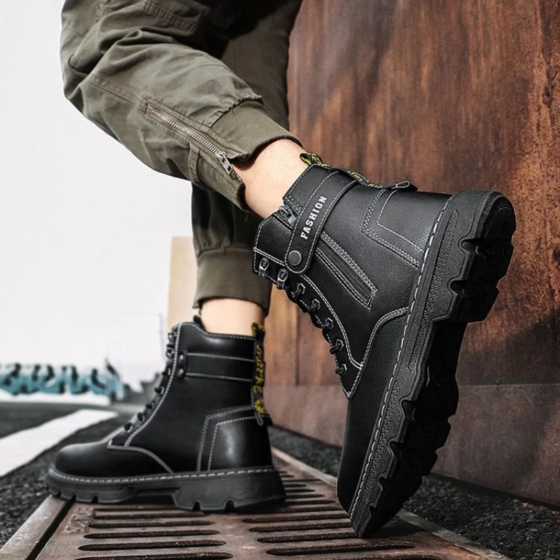 

High Top Men's Winter Warm Leather Snow Boots Fleece Lined Thickened Waterproof Outdoor Hiking Work Safety Lace Up Shoes