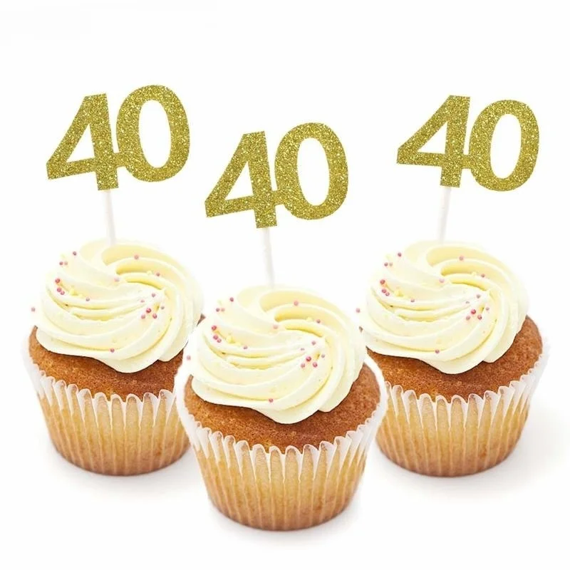 12Pcs Gold Glitter Number 30 40 50 60 70 Cupcake Toppers for 30th 40th 50th 60th 70th Birthday Anniversary Party Cake Decoration