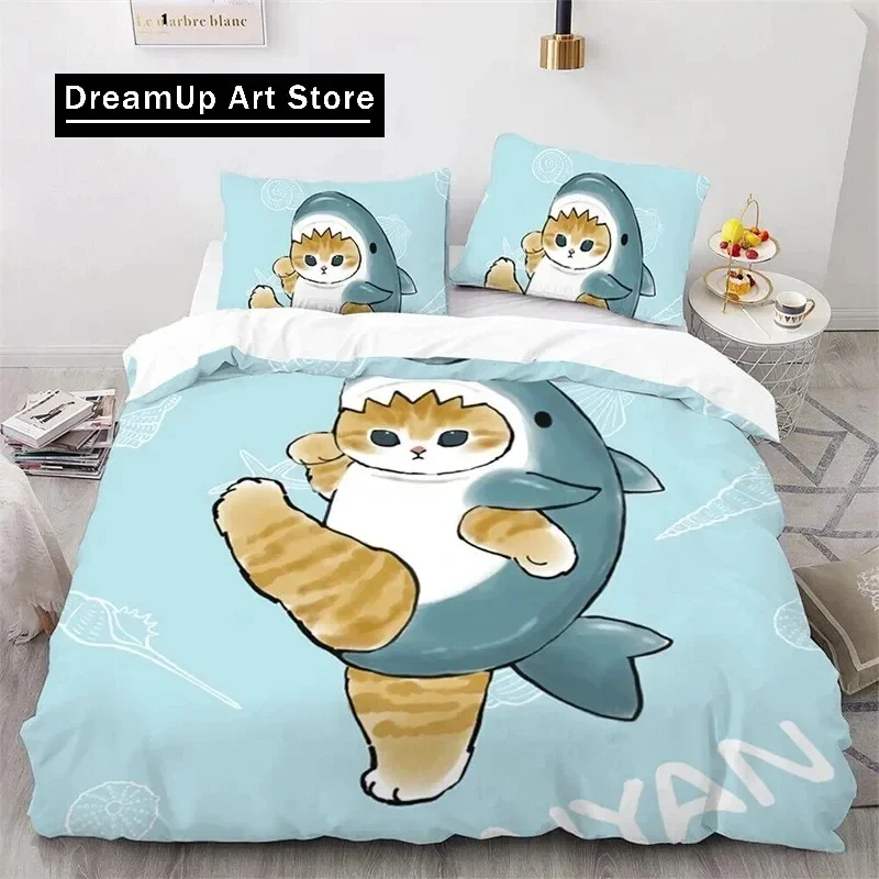 Cute Kitten Duvet Cover Pillow Case Mofusand Anime Shark Cat Bedding Set Single Double Queen Size Teen Gift Room Decor 3PCS set