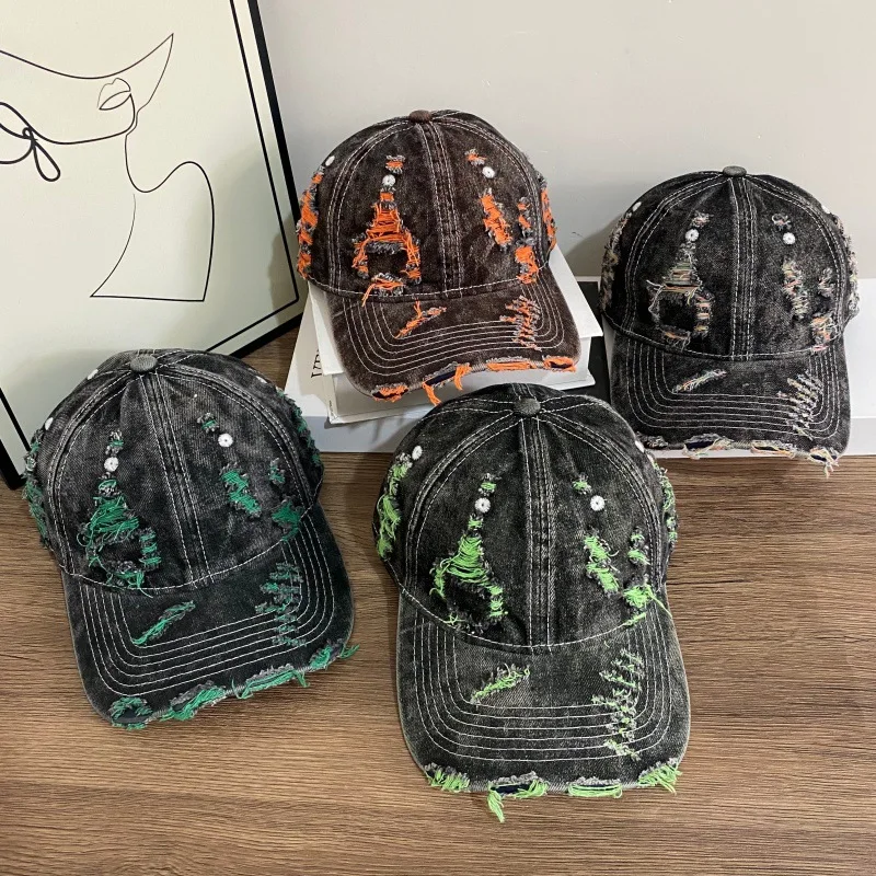 

distressed baseball cap for women and men black caps washed cotton red pink blue green orange fluffy edges