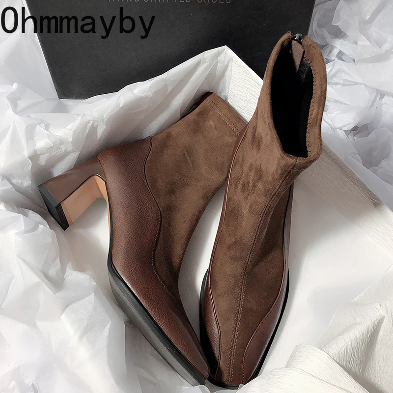 Botines Vintage de tacón grueso para mujer, zapatos con cremalleras traseras a la moda, botines cortos ajustados elásticos elegantes para otoño