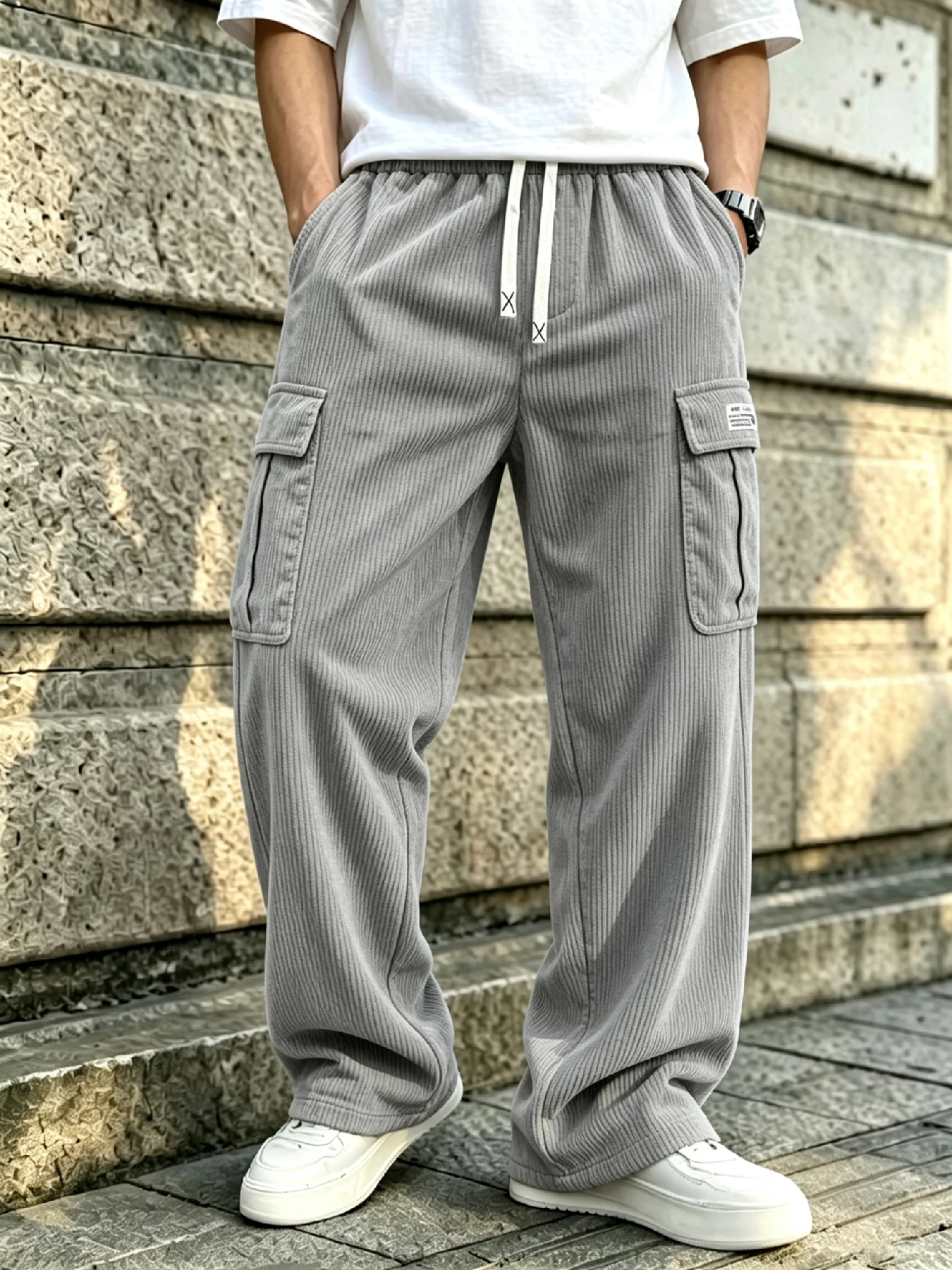 Men's Fall Winter Corduroy Wide Leg Cargo Pants, Vintage Casual Wardrobe Staple. Soft Breathable Vertical Textured Fabric, Easy