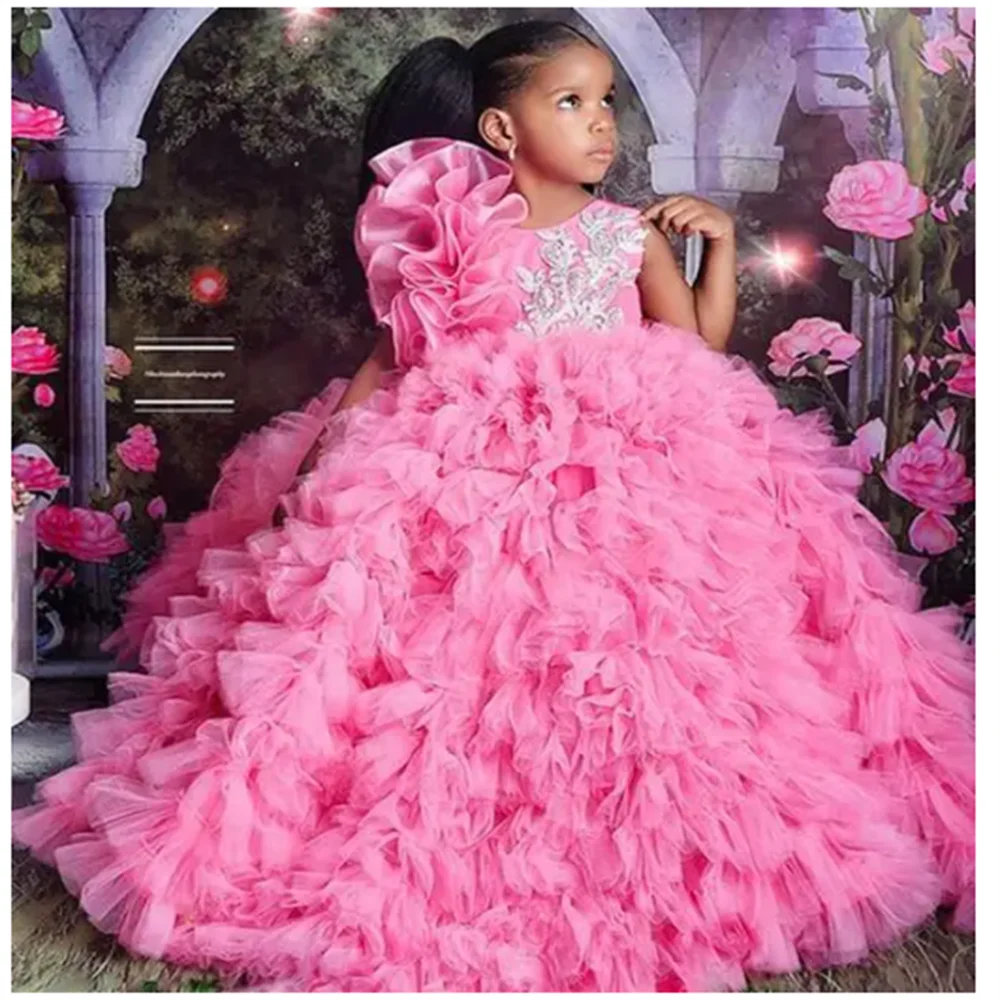 Vestido de lujo morado con flores para niña, vestido de desfile para boda, cuello redondo, fiesta de cumpleaños de princesa, vestido de noche para invitados hecho a medida