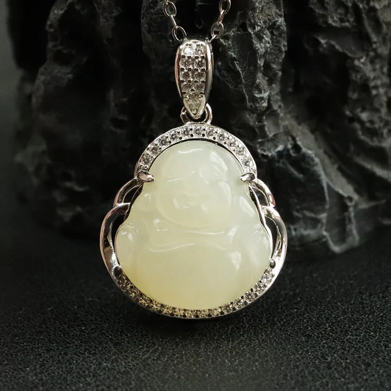 

S925 Silver Buddha Pendant Natural Hetian Jade Necklace Spiritual Gift HT2111003