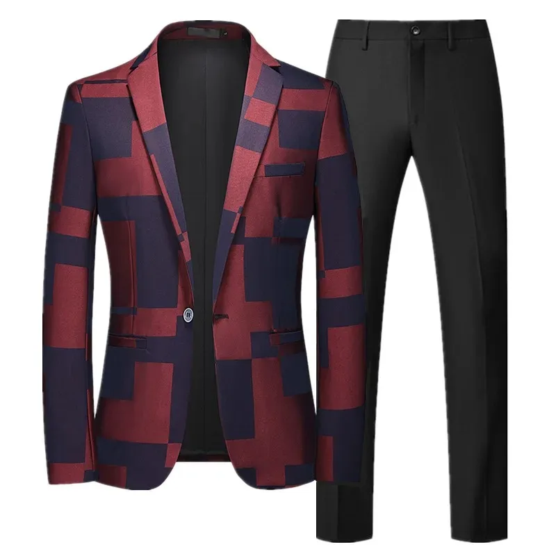 

Spring and Autumn New Men Plaid Suit 2 Sets (Blazer+pants) Fashion Business Slim Men's Wedding Banquet Dress 6XL-S