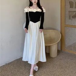 French Style Slash Neck Dresses Spring Autumn New Aura Elegant Ruffles Female Clothing Stylish Patchwork A-Line Waist Midi Dress