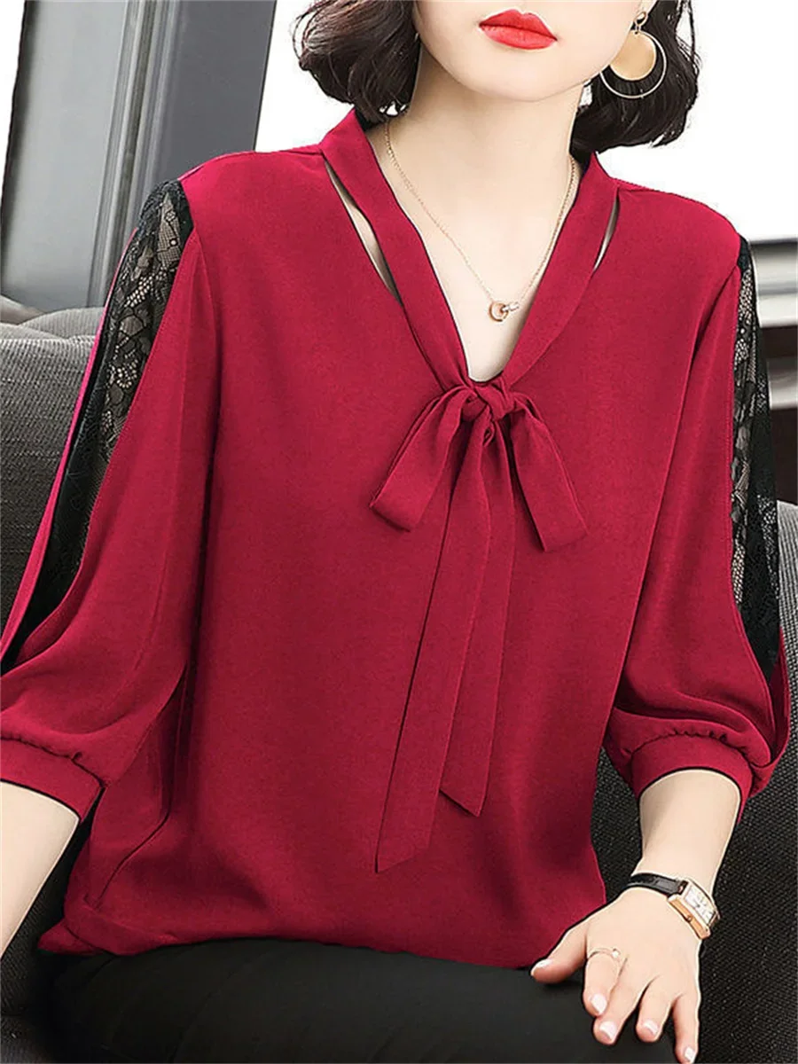 Women Spring Summer Style Blouses Tops Lady Casual Bow Tie Colloar Half Lace Sleeve Loose Blusas Tops