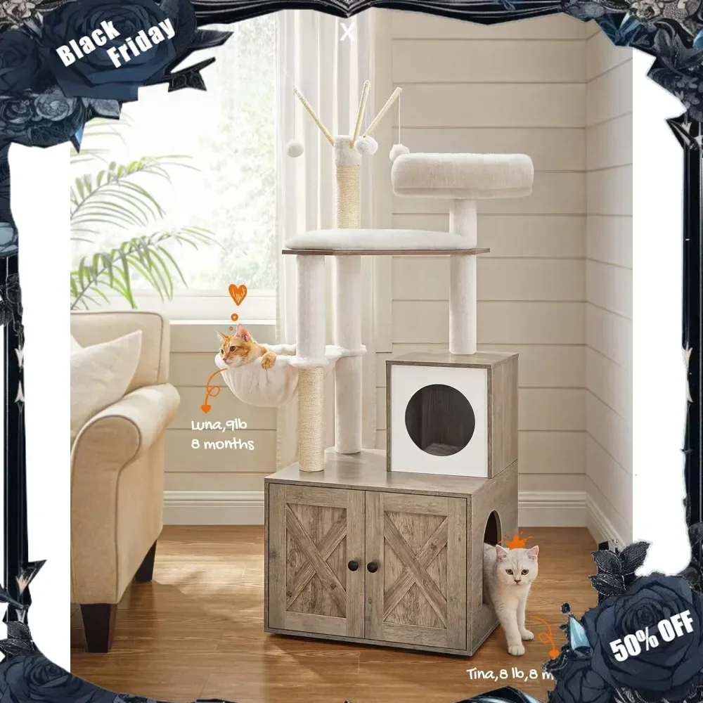 Cat Tree with Litter Box Enclosure, 2-in-1 Modern Cat Tower, 55.1-Inch Cat Condo with Scratching Posts, Removable Pompom Sticks