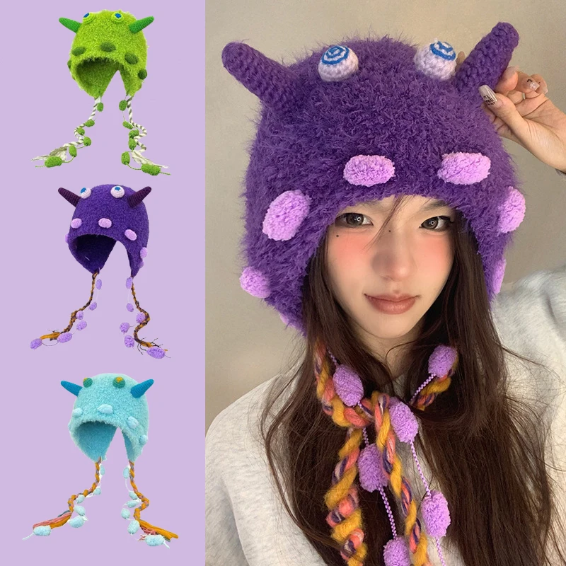 

New Cute Little Monster Plush Hat For Women Autumn And Winter Warm Ear Protection Thunder Hat Handmade Crocheted Toe Knitted Hat