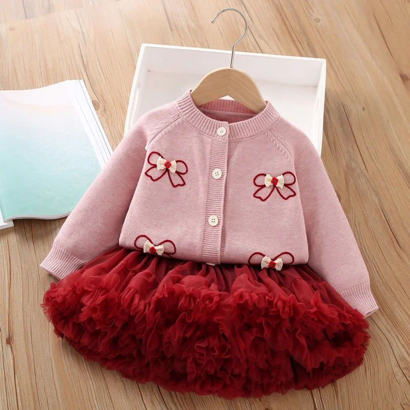 

Girls Sweater Set Autumn and Winter New Little Girl Bow Knitted CardigantutuTwo-piece Skirt Set
