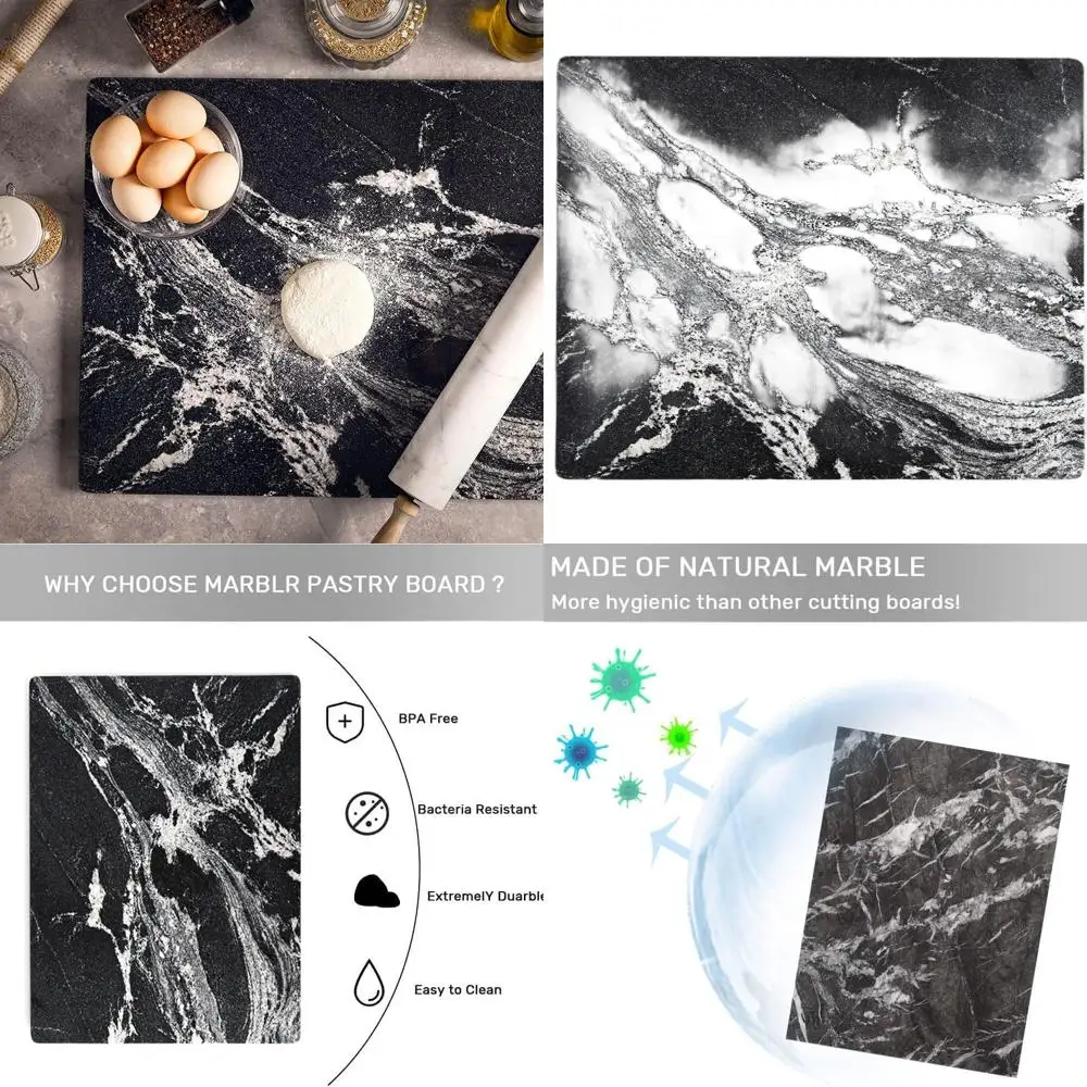 

Black Marble Kitchen Cutting Board with White Veins, 16x12x0.7 Inches, Anti-Slip Base