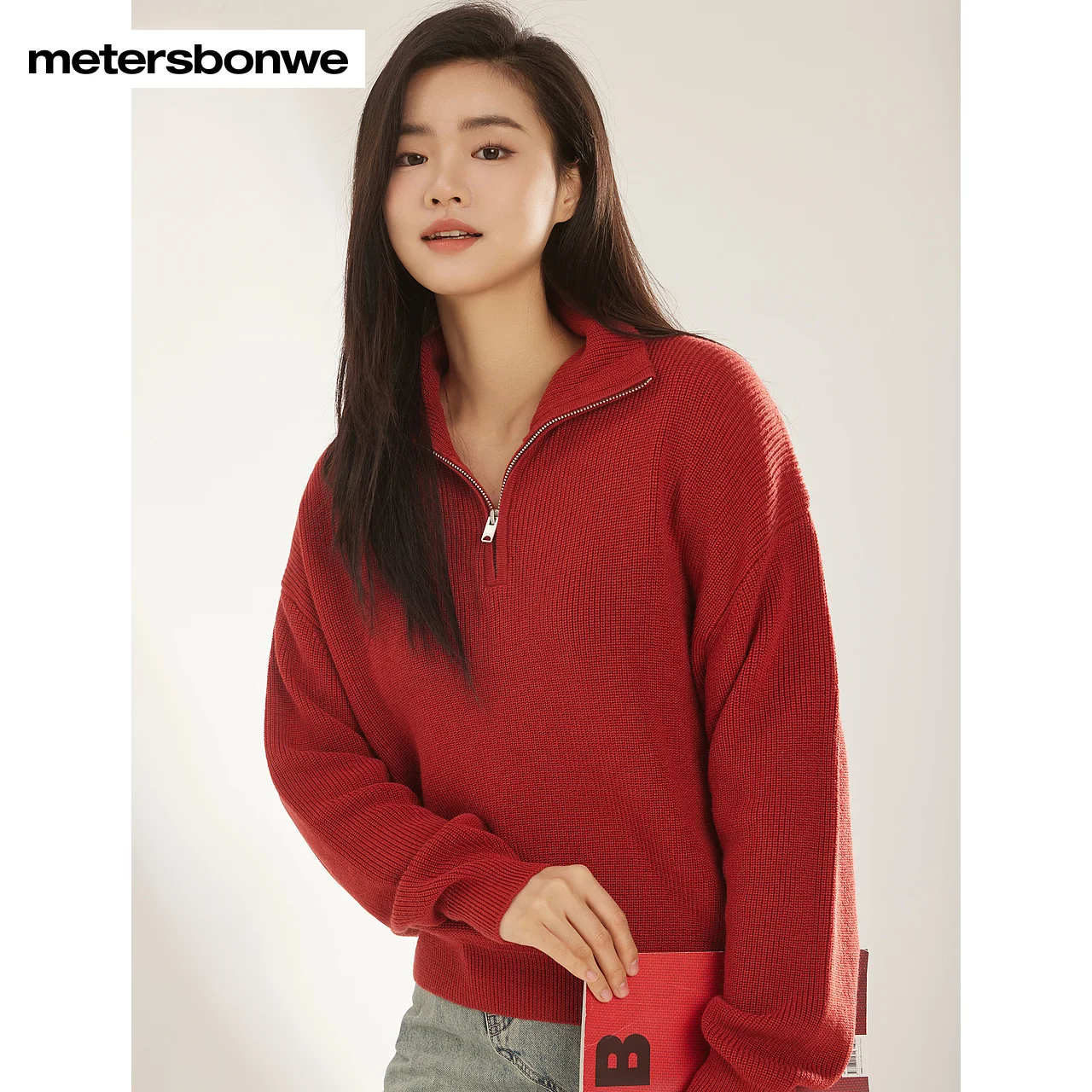 Metersbonwe-Women\'s New Mock-Neck Solid Color Sweater Long Sleeve Air Permeability Warm Jumper Elegant Simple Winter