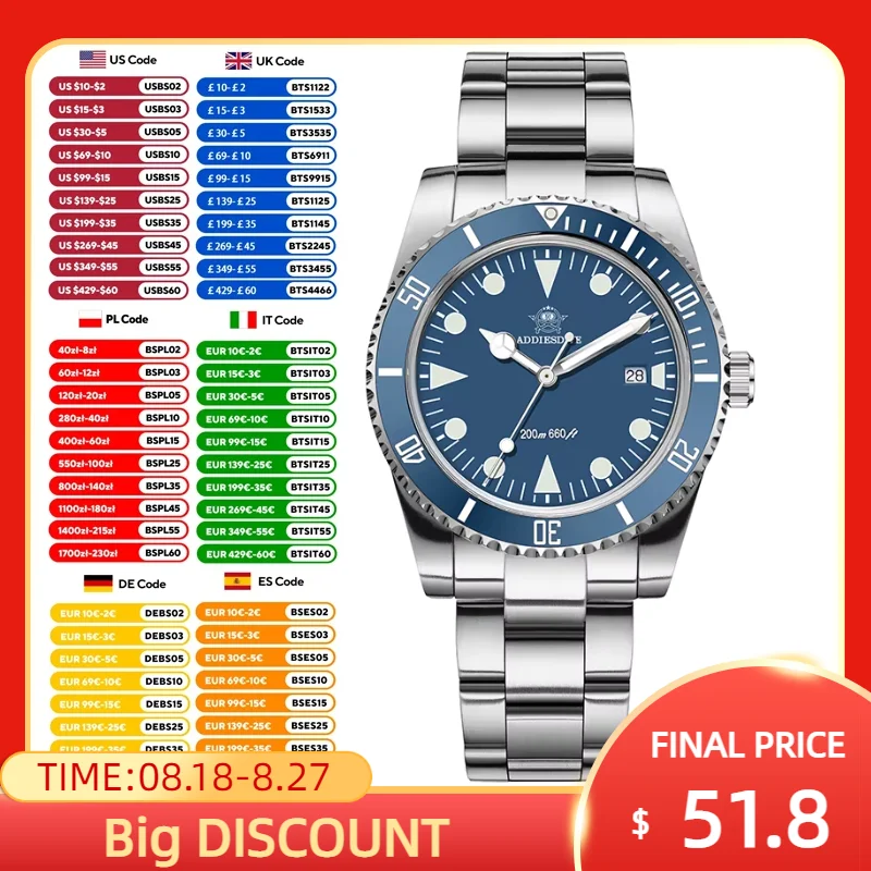 ADDIESDIVE Diver Watch For Men Luminous 200m Waterproof  AR Coating Bubble Mirror Glass Quartz Wristwatch 39mm NEW Dive Watches