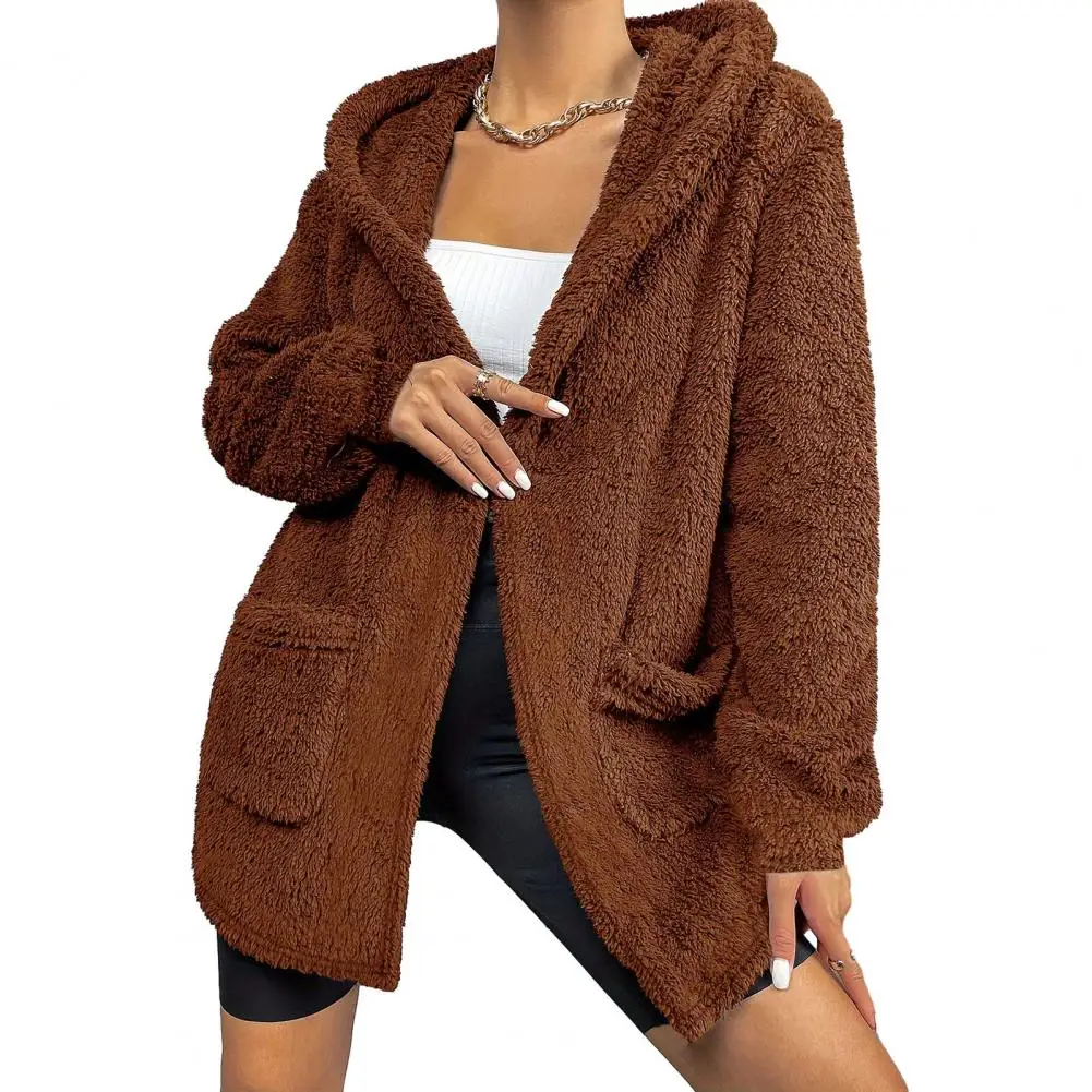 Women Plush Coat Women's Mid-length Hooded Plush Coat Outerwear for Autumn Winter Loose Fit Trench Cardigan with Lamb Wool