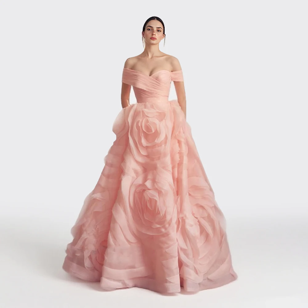 

Dubai Megenta Off Shoulder Evening Dresses Organza A Line Formal Occasion Dress