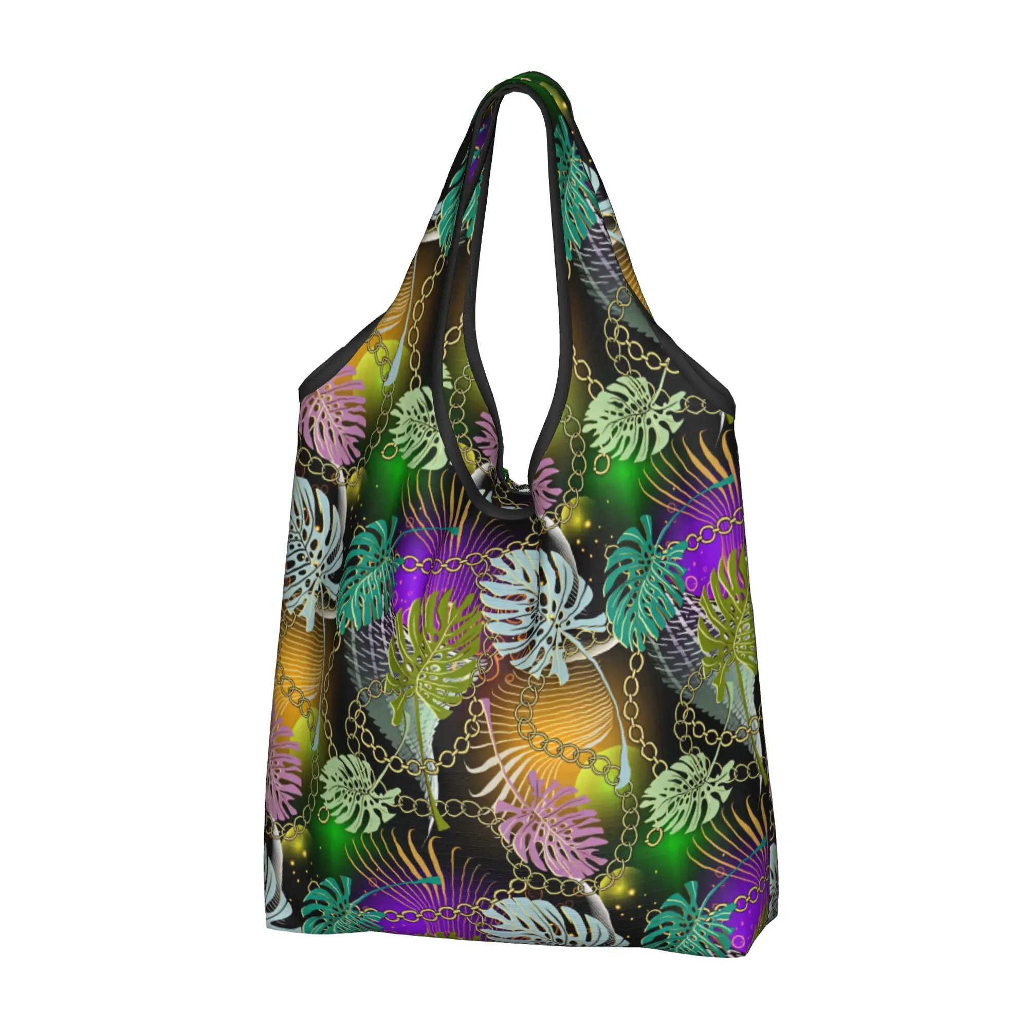 Palm Leaves And Flowers Tropical Plants Groceries Shopping Bag Fashion Shopper Shoulder Tote Bags Big Capacity Portable  Handbag