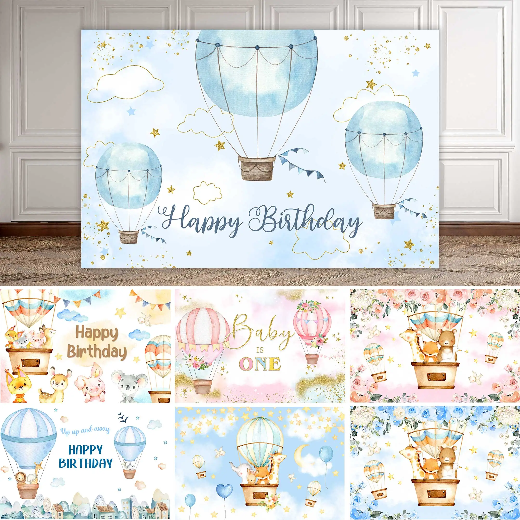 NeoBack Birthday Hpt Air Balloon fondali Star Kids Clouds Baby Shower neonato Photography Adventure Boy Background Party Decor