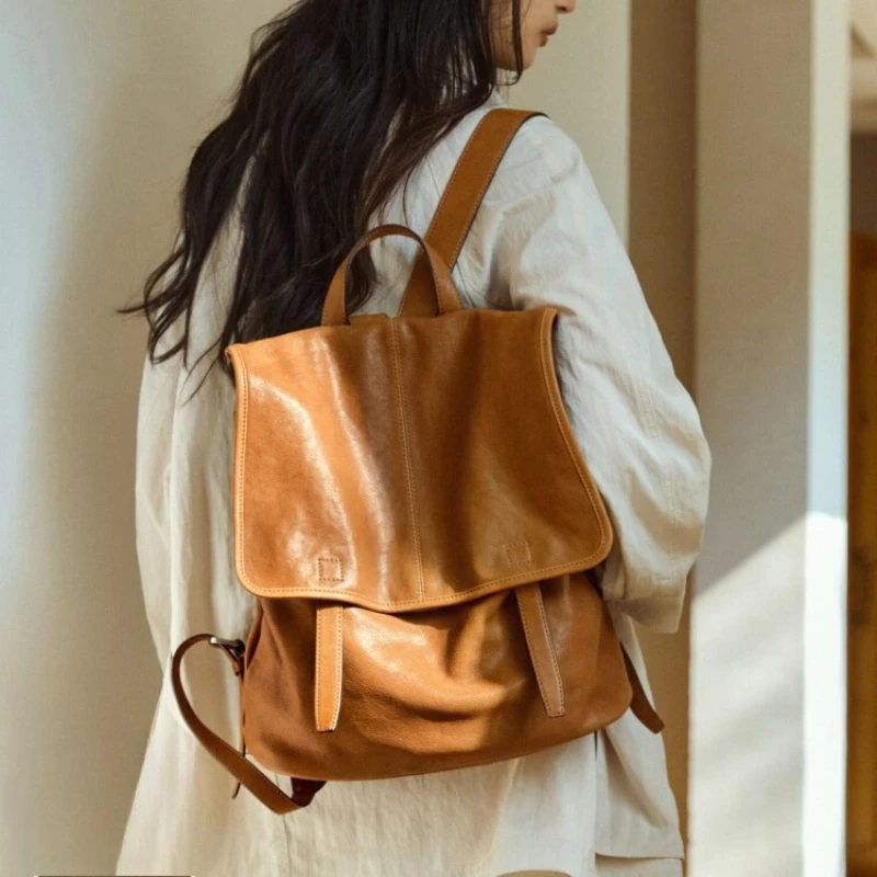 

QIUZHEN Messenger Series Vertical Backpack Vegetable-Tanned Lambskin Commuter Work Bag Large Capacity Unisex Casual Backpack