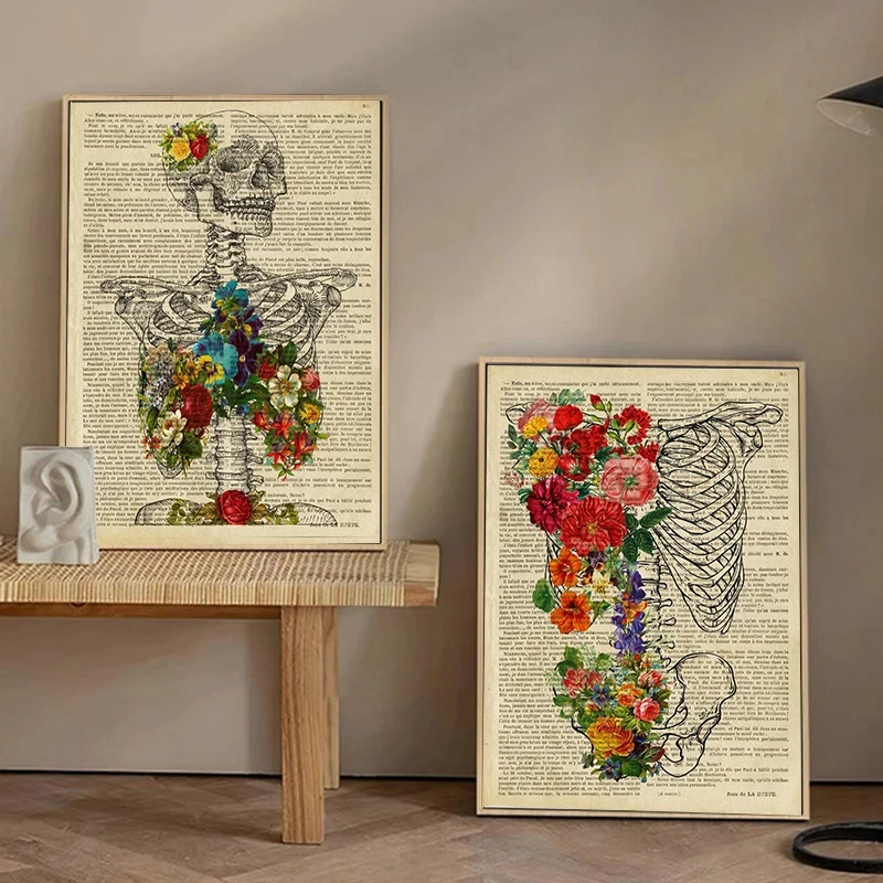 Vintage Human Anatomy Poster Print Flowers Medical Wall Picture Heart Brain Anatomy Canvas Painting for Hospital Clinic Decor