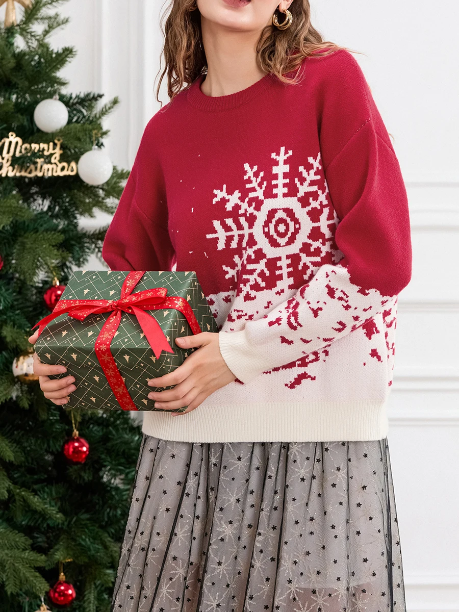 wsevypo Women Cute Red Sweaters Fall Winter Classic Snowflake/Christmas Tree Print Crew Neck Warm Pullovers Basic Knitwear